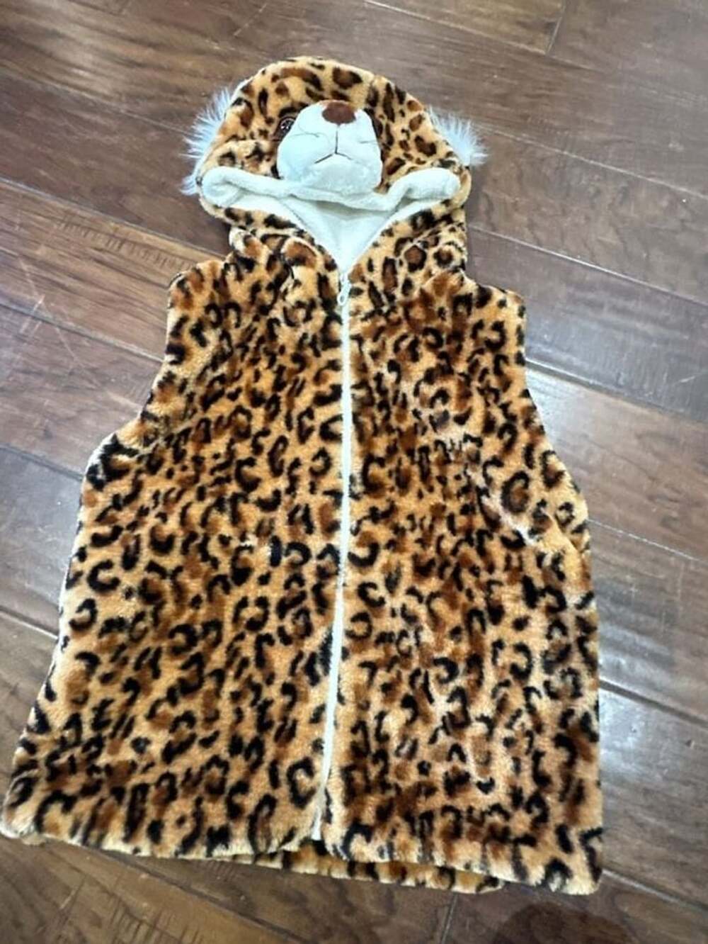 Girls Leopard Print Faux Fur Animal Hooded Zip Girls Vest Gilet